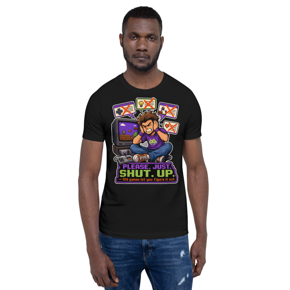 T-shirt Gaming « Just Shut Up » — Humour Gaming, Design Rétro